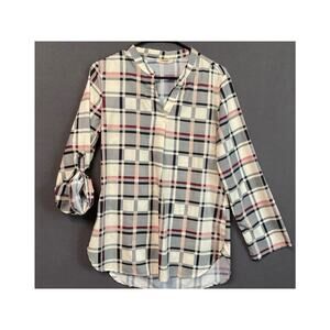 Timeson Plaid V-Neck Tunic Top Small Lightweight Long Sleeve Polyester